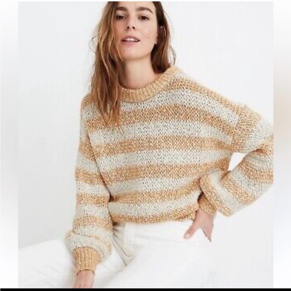 Madewell Women's Striped Tan and Cream Sweater